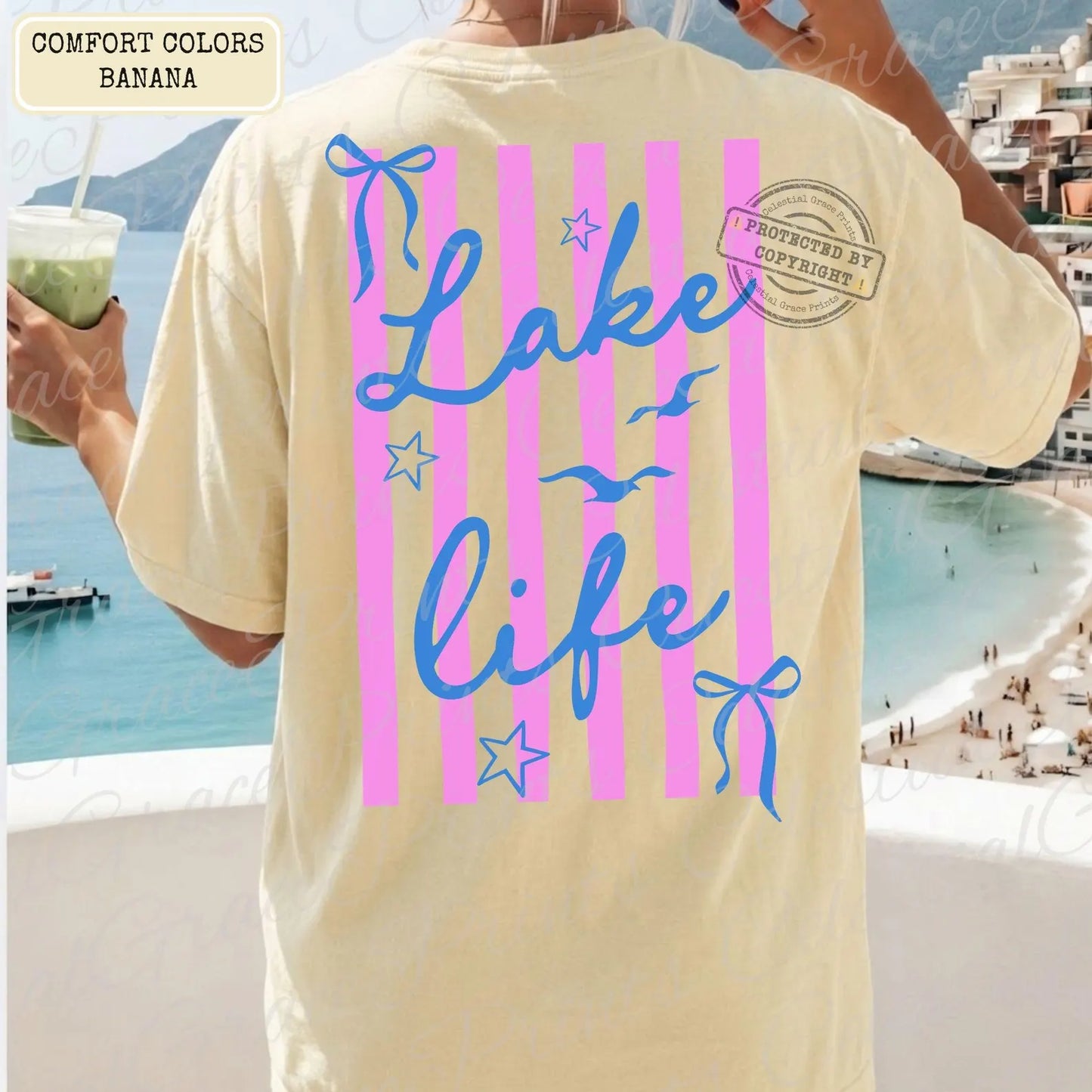 Preppy Lake Life Trendy Stripes Bows Coquette Lake Graphic T-Shirt Summer Vacation Tee