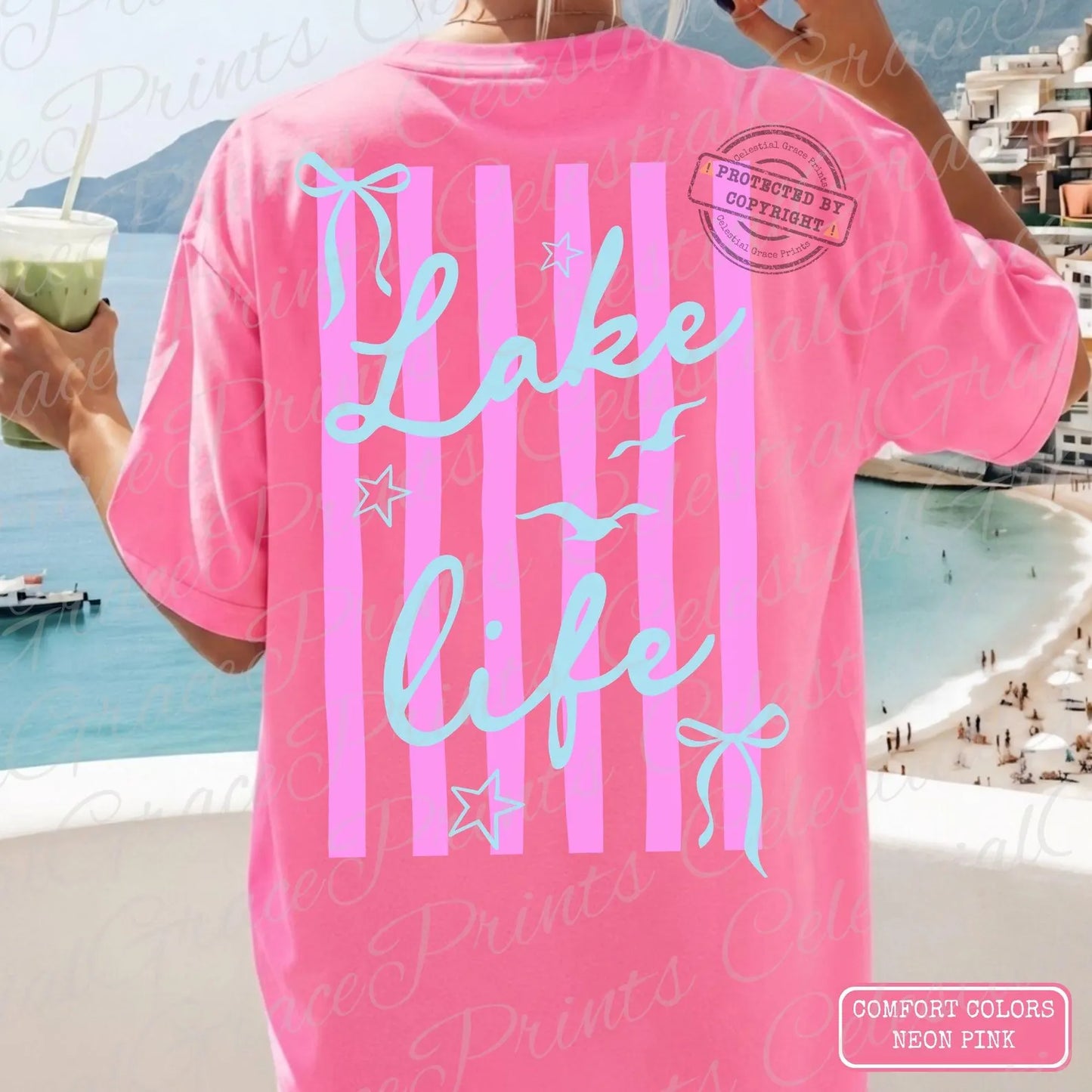 Preppy Lake Life Trendy Stripes Bows Coquette Lake Graphic T-Shirt Summer Vacation Tee
