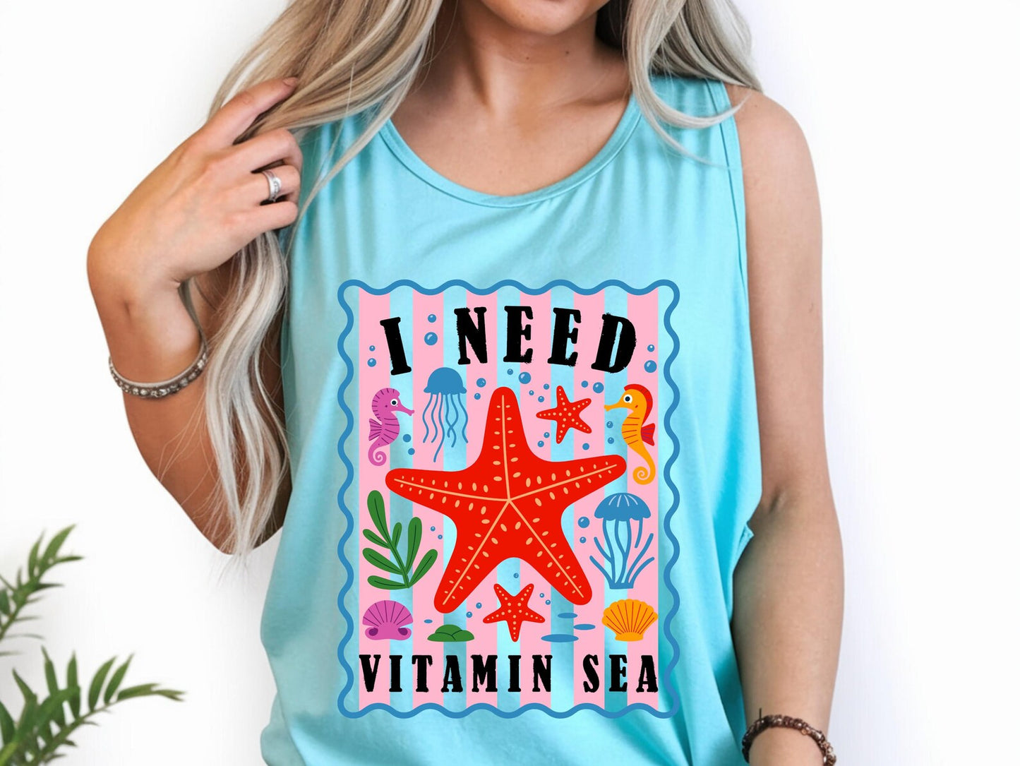 Women's Unisex Comfort Colors Tank Top I need Vitamin Sea Starfish Graphic Tank