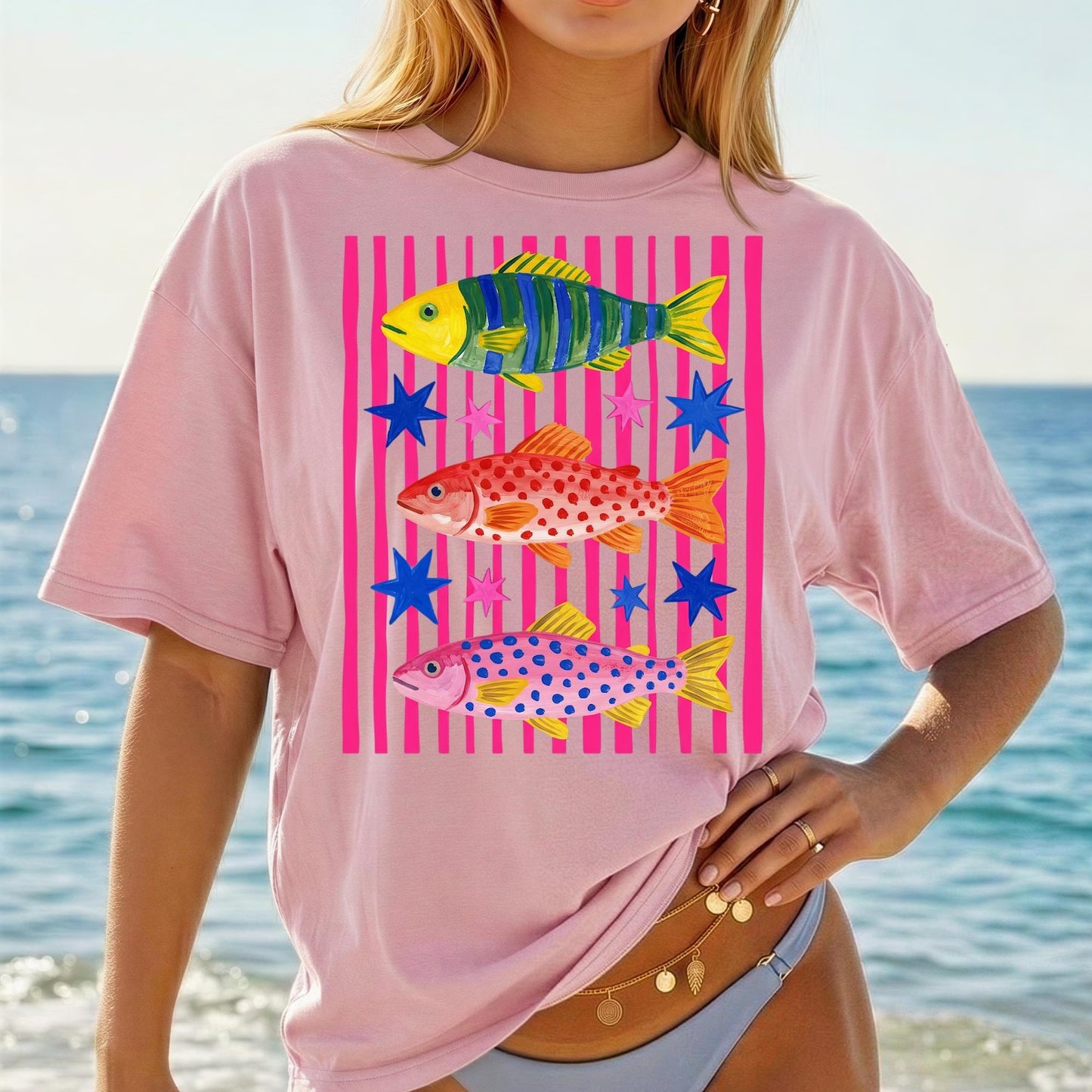Colorful Tropical Coastal Fish Stripes Stars Graphic T-Shirt Comfort Colors Tee