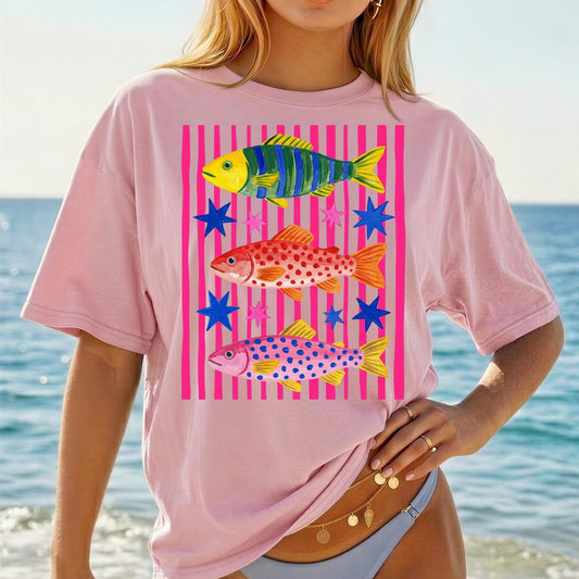 Colorful Tropical Coastal Fish Stripes Stars Graphic T-Shirt Comfort Colors Tee