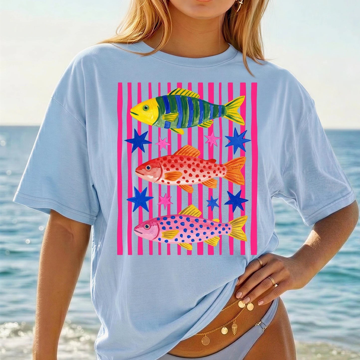 Colorful Tropical Coastal Fish Stripes Stars Graphic T-Shirt Comfort Colors Tee