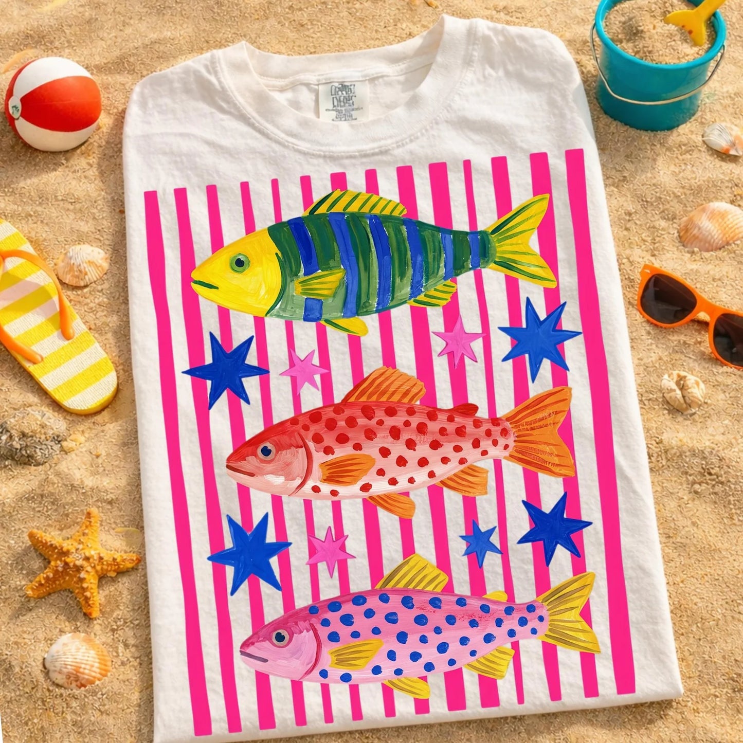 Colorful Tropical Coastal Fish Stripes Stars Graphic T-Shirt Comfort Colors Tee