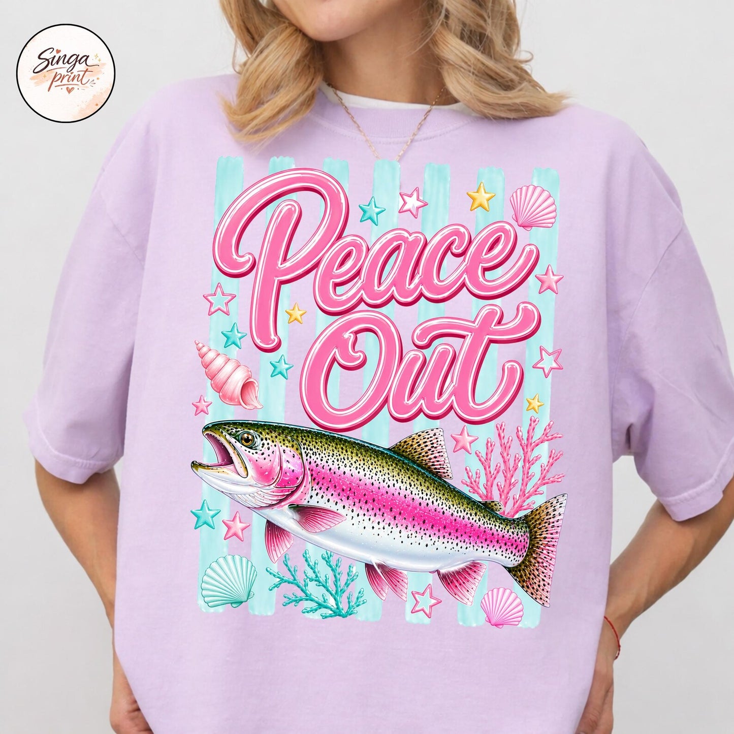 Peace Out Rainbow Trout Fish Summer Graphic T-Shirt Comfort Colors Tee