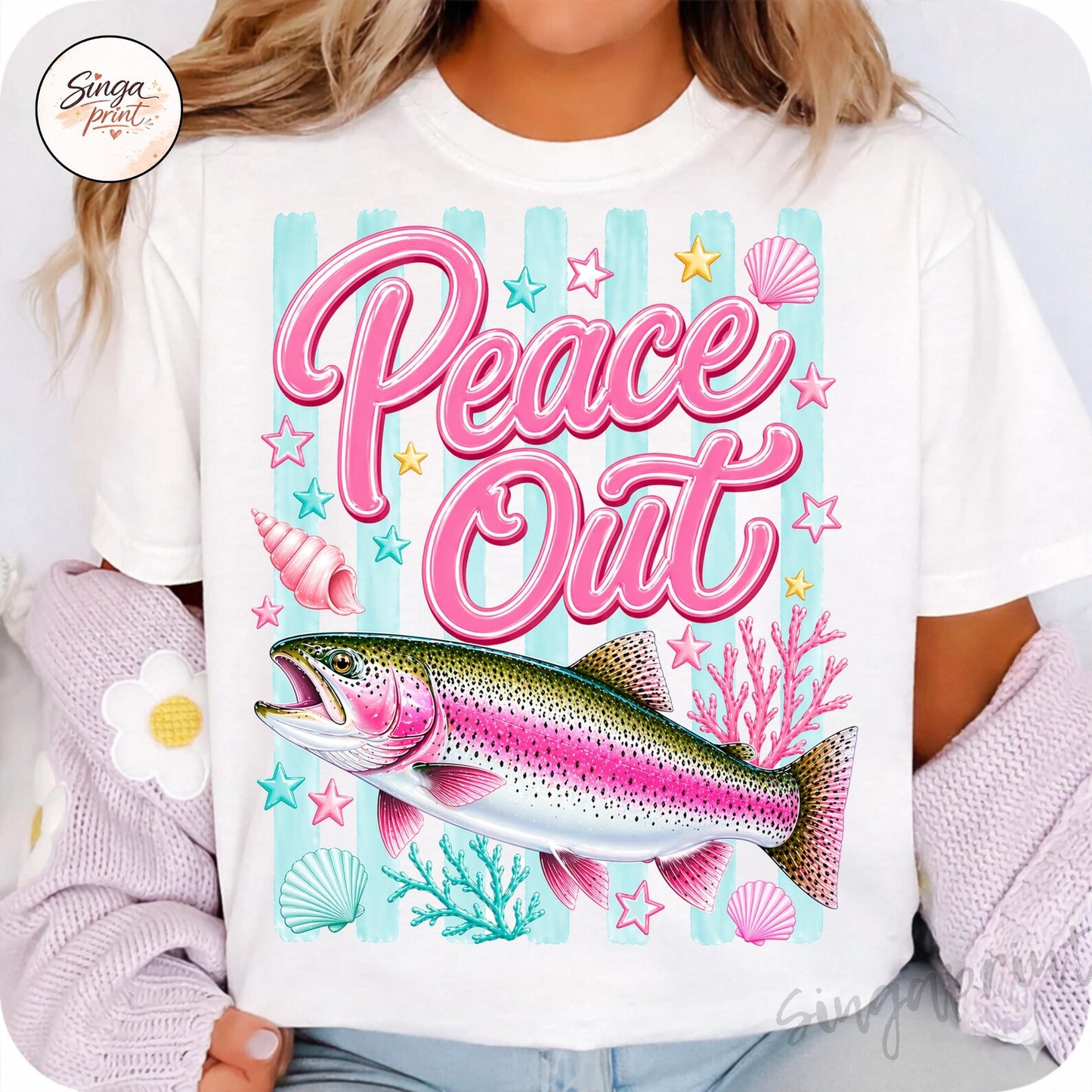 Peace Out Rainbow Trout Fish Summer Graphic T-Shirt Comfort Colors Tee