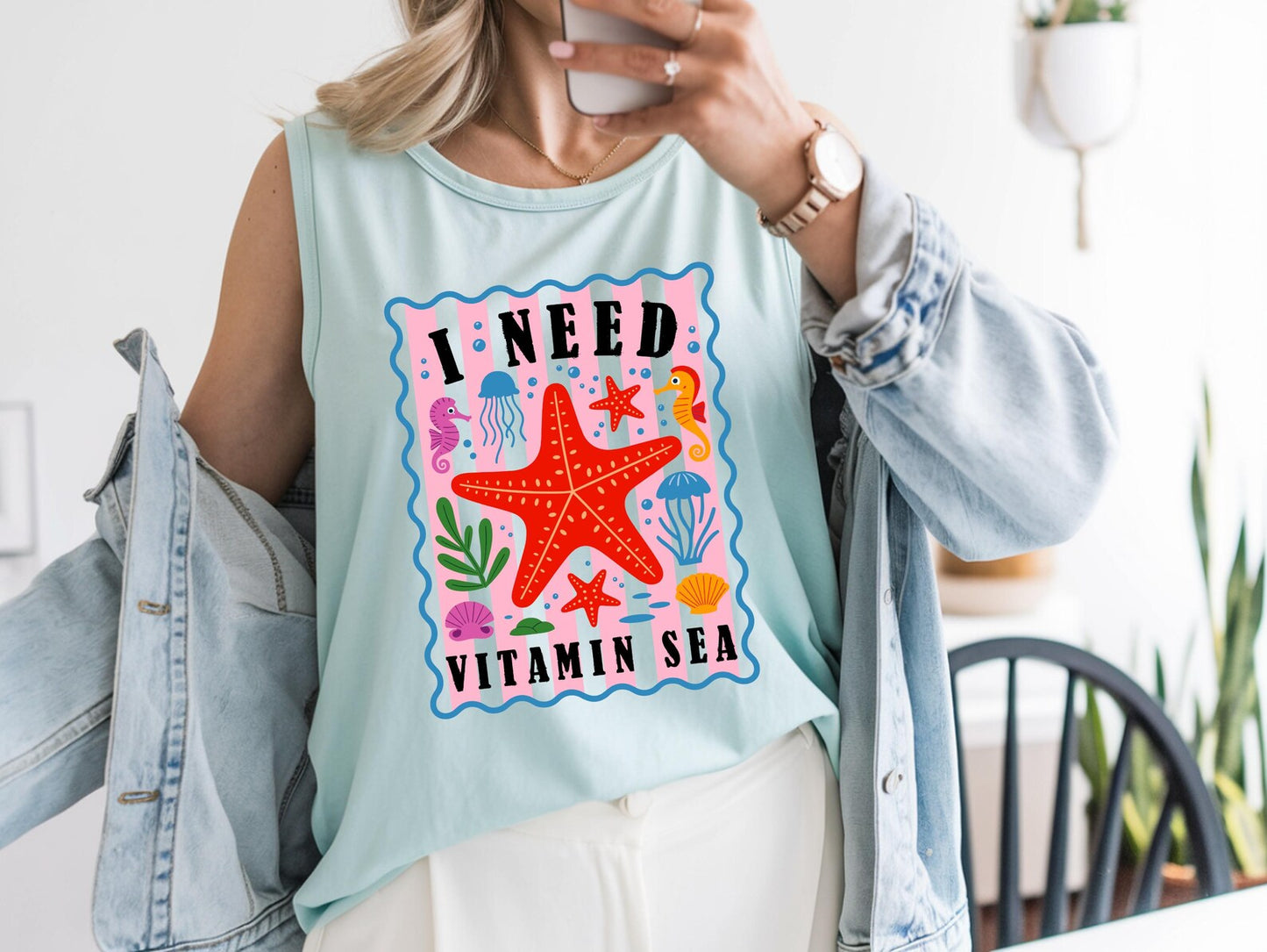 Women's Unisex Comfort Colors Tank Top I need Vitamin Sea Starfish Graphic Tank
