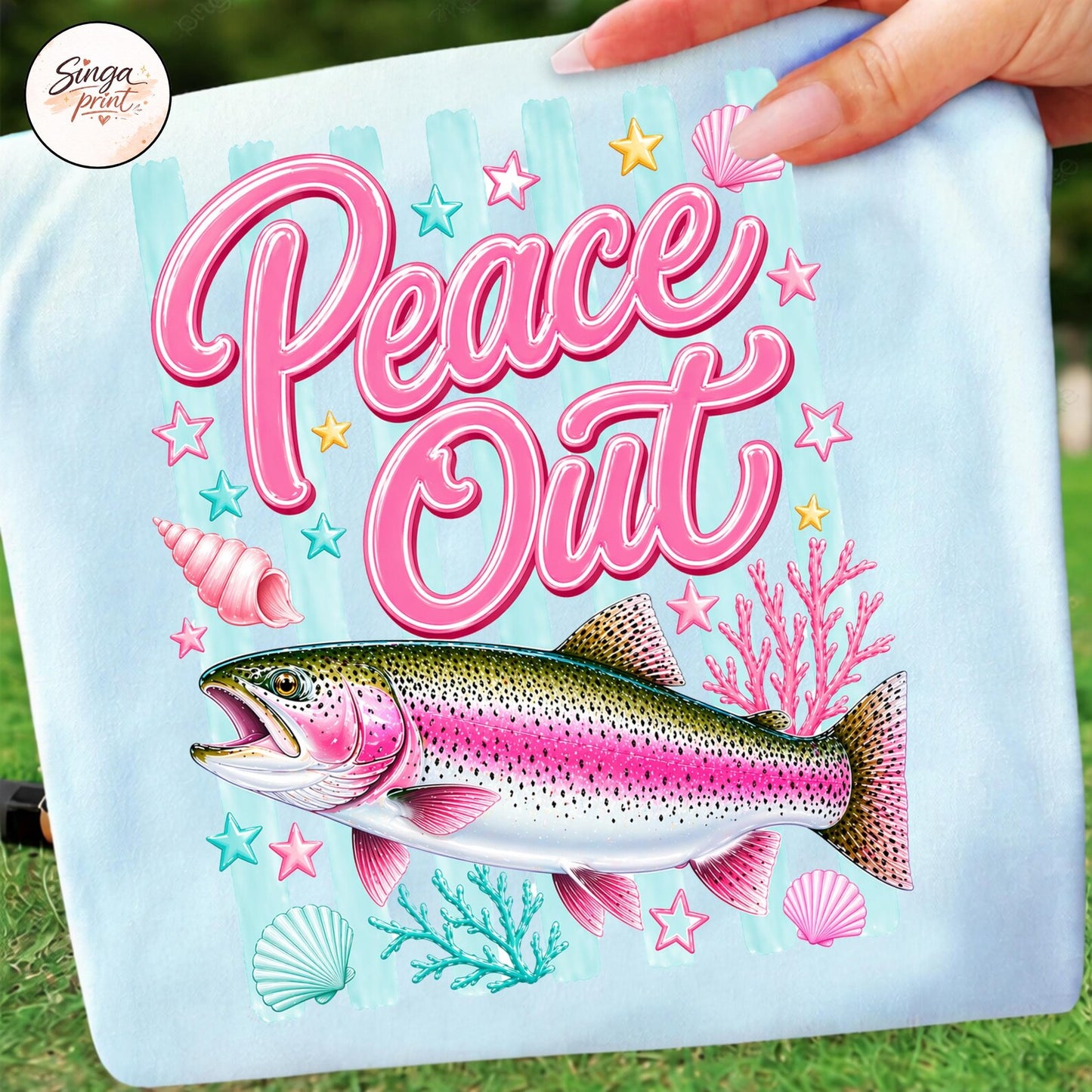 Peace Out Rainbow Trout Fish Summer Graphic T-Shirt Comfort Colors Tee