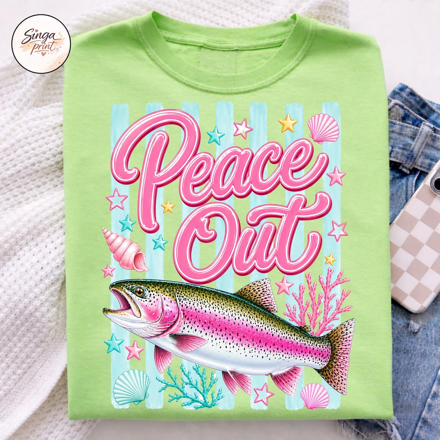 Peace Out Rainbow Trout Fish Summer Graphic T-Shirt Comfort Colors Tee