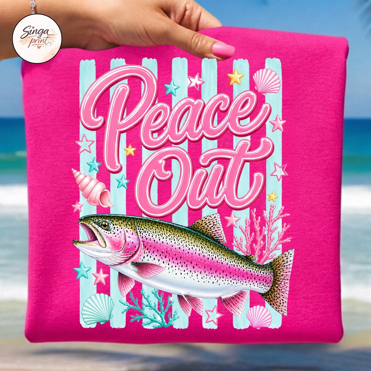 Peace Out Rainbow Trout Fish Summer Graphic T-Shirt Comfort Colors Tee