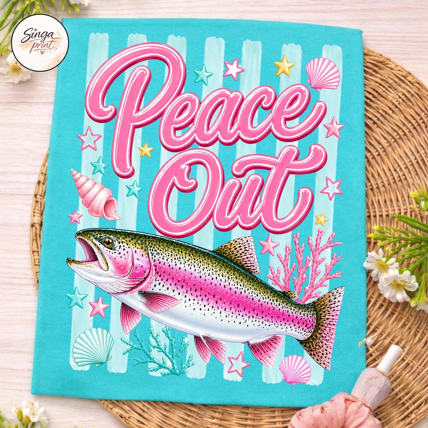 Peace Out Rainbow Trout Fish Summer Graphic T-Shirt Comfort Colors Tee