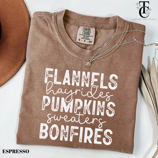 Flannels Hayrides Pumpkins Sweaters Bonfires Graphic Tee Unisex Comfort Colors T-Shirt