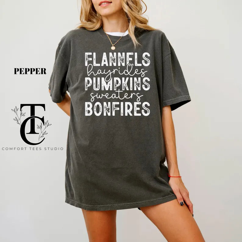 Flannels Hayrides Pumpkins Sweaters Bonfires Graphic Tee Unisex Comfort Colors T-Shirt