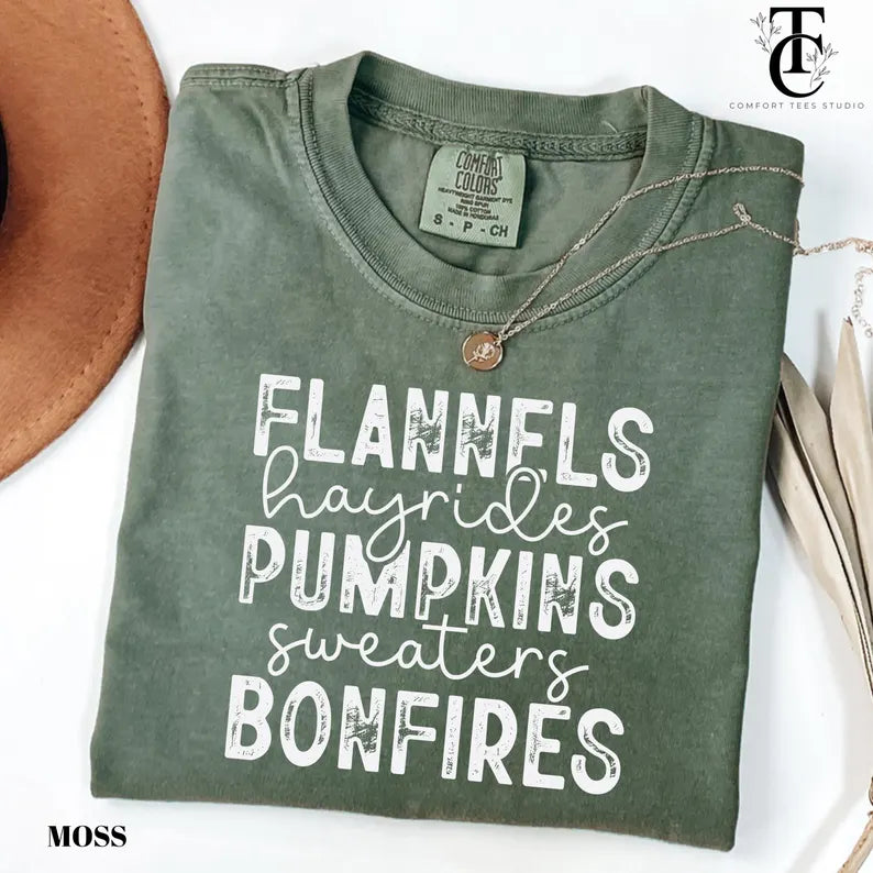 Flannels Hayrides Pumpkins Sweaters Bonfires Graphic Tee Unisex Comfort Colors T-Shirt