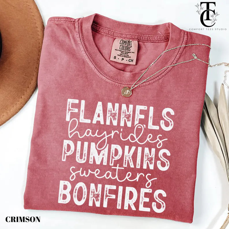 Flannels Hayrides Pumpkins Sweaters Bonfires Graphic Tee Unisex Comfort Colors T-Shirt