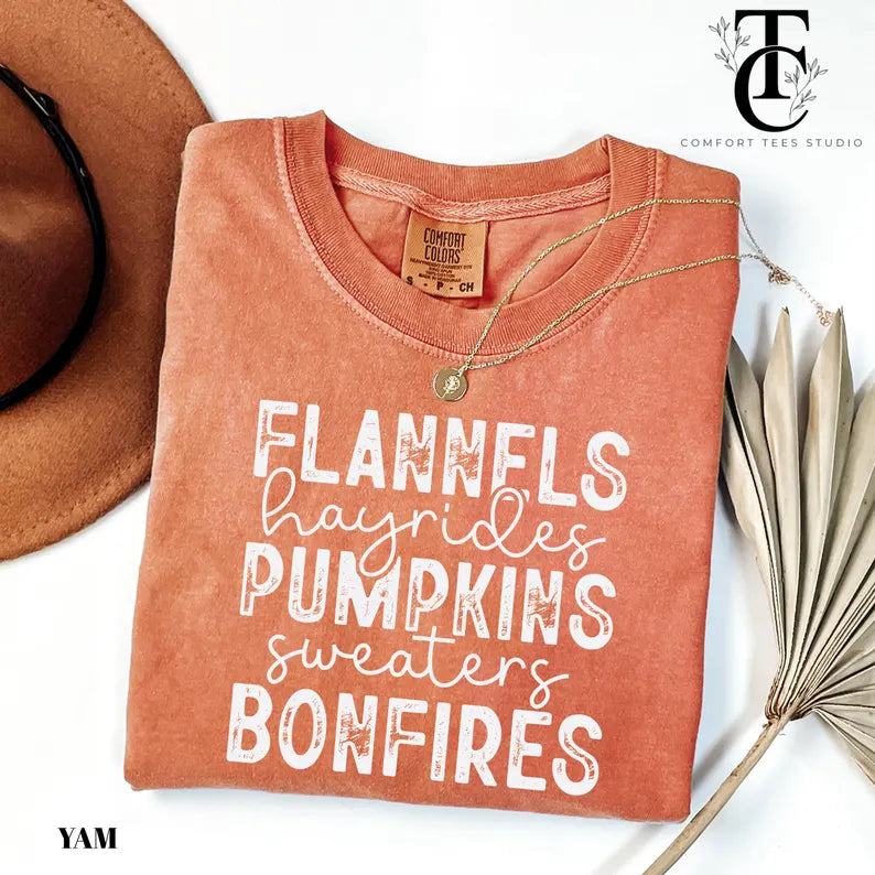 Flannels Hayrides Pumpkins Sweaters Bonfires Graphic Tee Unisex Comfort Colors T-Shirt