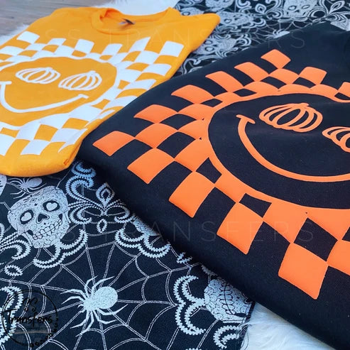 Halloween Checkered Pumpkin Orange Puff Design Tee Unisex Comfort Colors T-Shirt