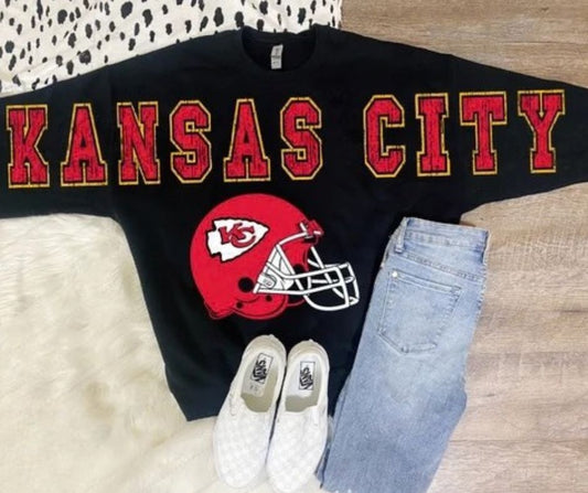KC Kansas City Football Oversized Bold Distressed Letters Helmet Crewneck Sweatshirt (Copy)