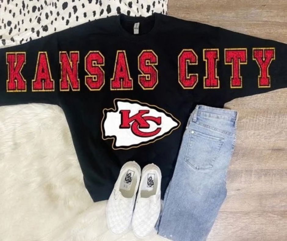 KC Kansas City Football Oversized Bold Distressed Letters Arrowhead Crewneck Sweatshirt