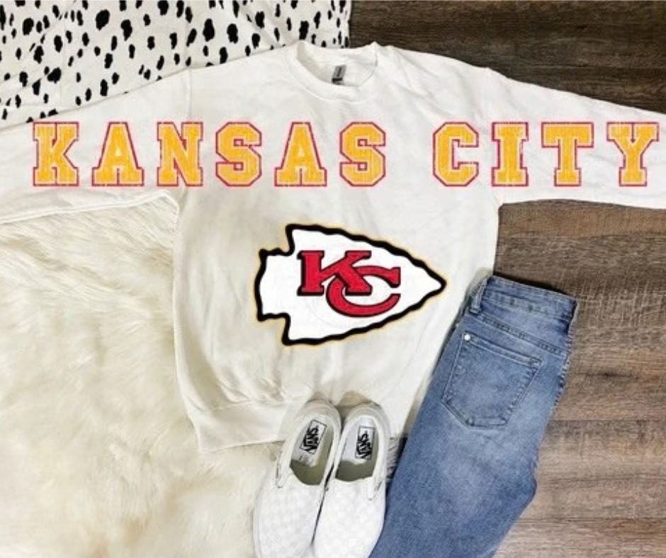 KC Kansas City Football Oversized Bold Distressed Letters Arrowhead Crewneck Sweatshirt