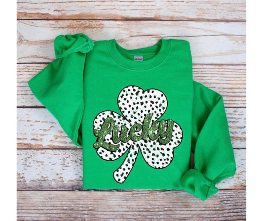 Women's St. Patrick's Day Dalmation Print Shamrock Lucky Graphic Crewneck Sweatshirt