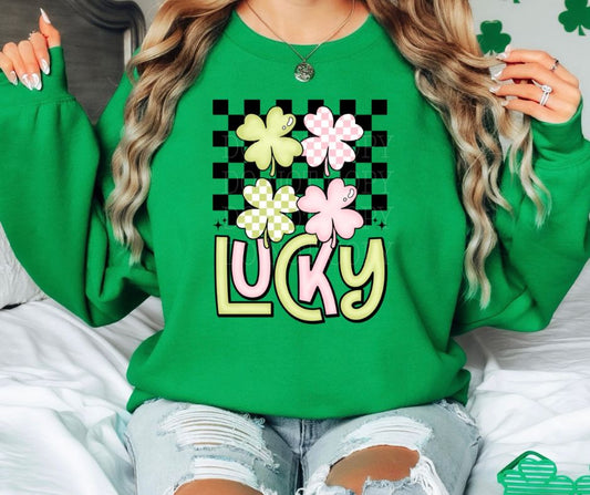 Women's St. Particks Day Green Crewneck Sweatshirt Lucky Checkered Shamrocks