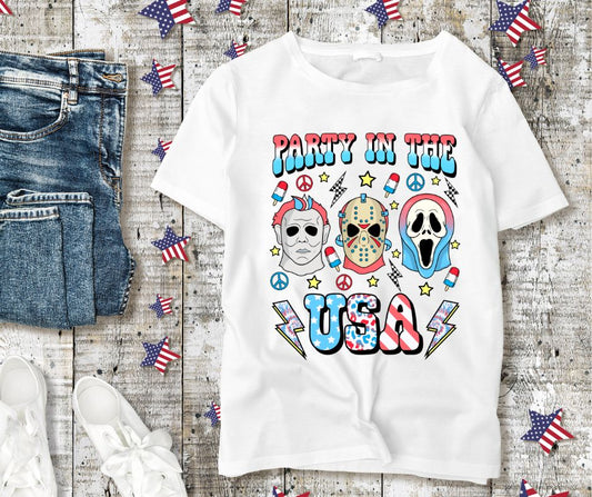 Women's White Patriotic Party In The USA Horror Graphic Tee T-Shirt