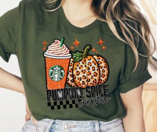 Trending Starbucks Coffee Pumpkin Spice Junkie Checkered Graphic T-Shirt