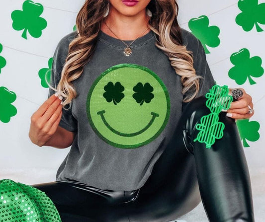 Comfort Colors Brand St. Patricks Day Smiley Face Patch Graphic T-Shirt