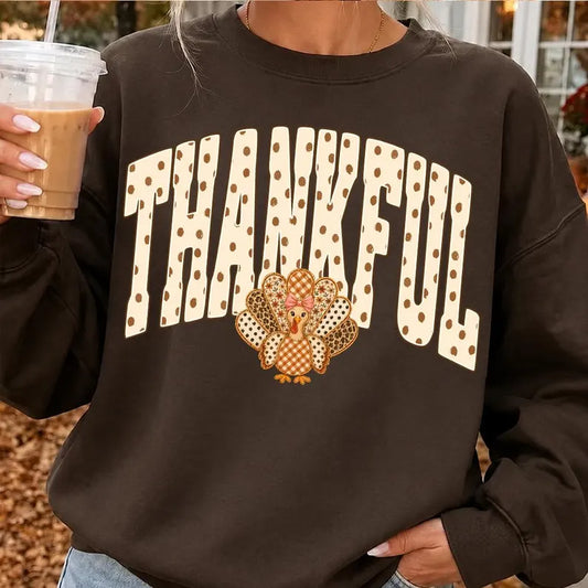 Thanksgiving Thankful Turkey Polka Dot Dark Chocolate Crewneck Sweatshirt