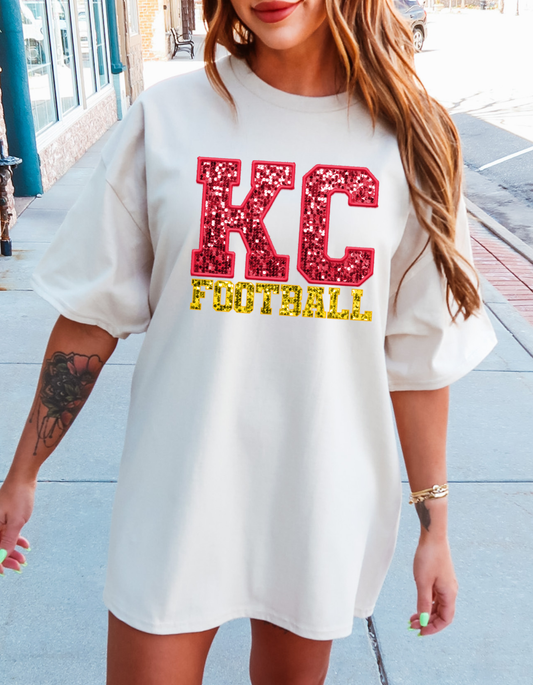 Faux Embroidery & Sequin Kansas City Chiefs KC Football T-Shirt Tee